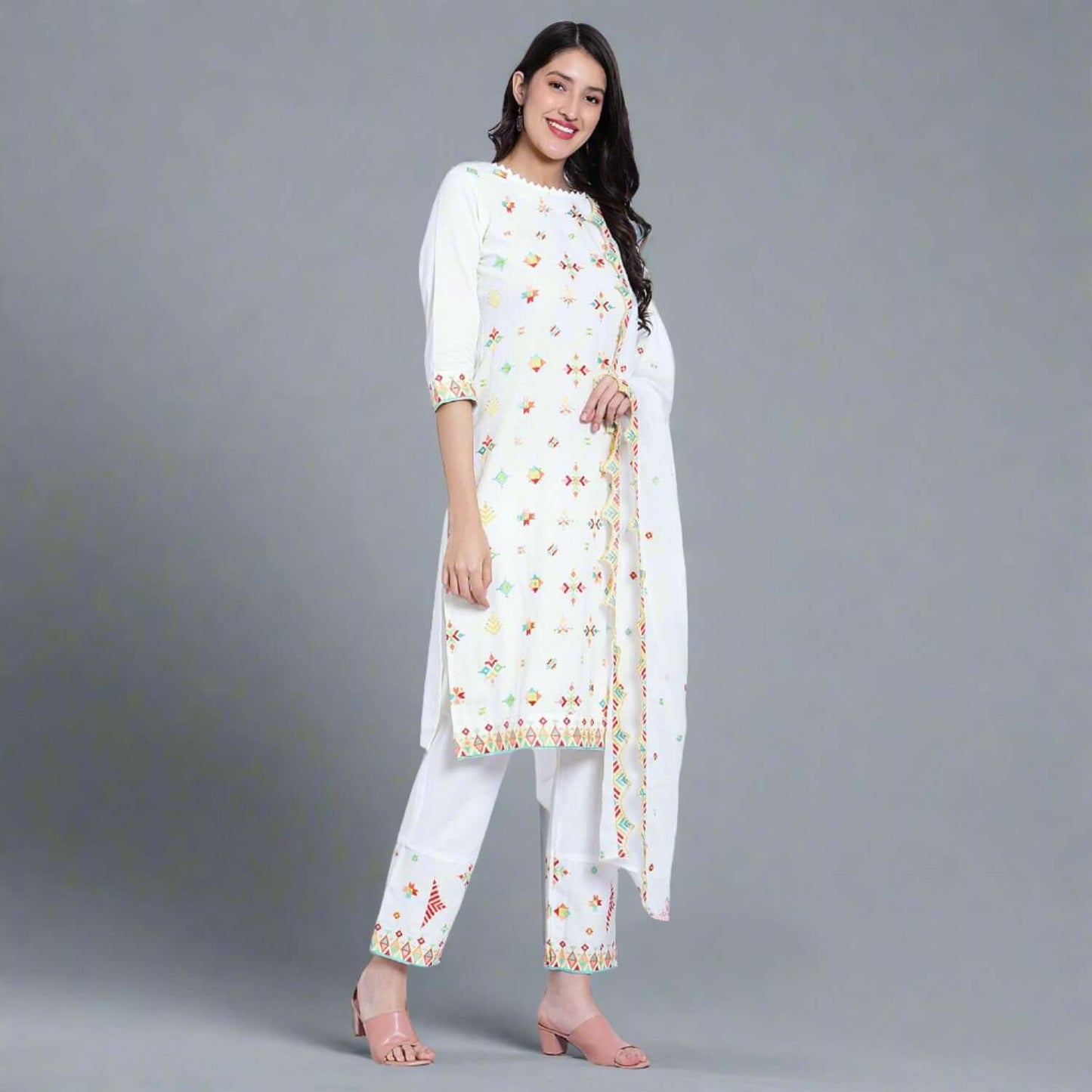 Off White Cotton Embroidered Suit Set