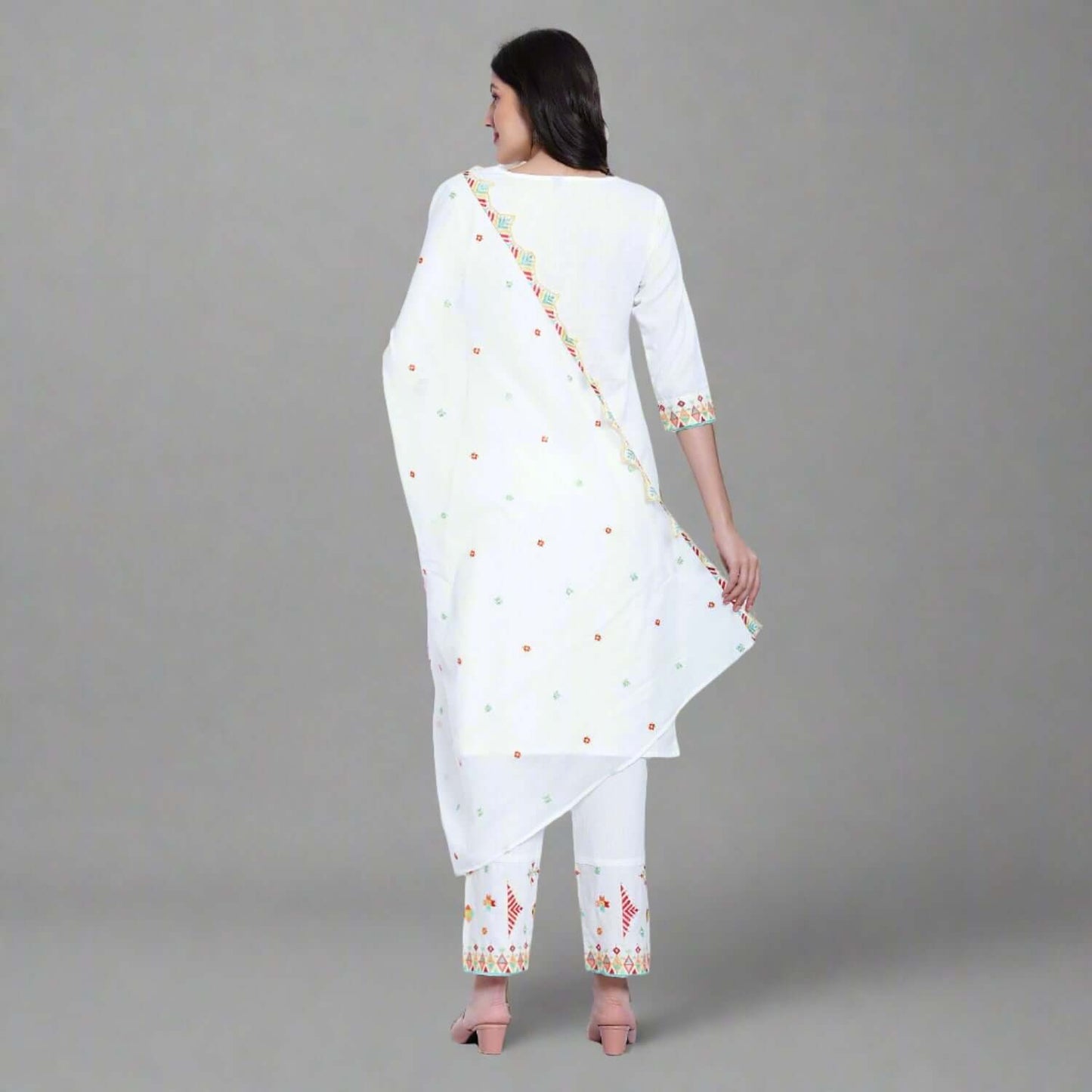 Off White Cotton Embroidered Suit Set