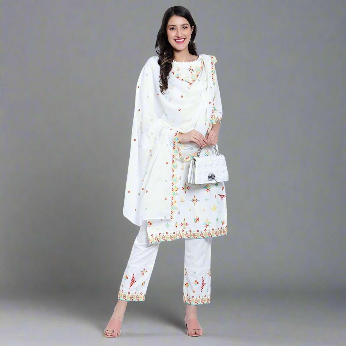 Off White Cotton Embroidered Suit Set