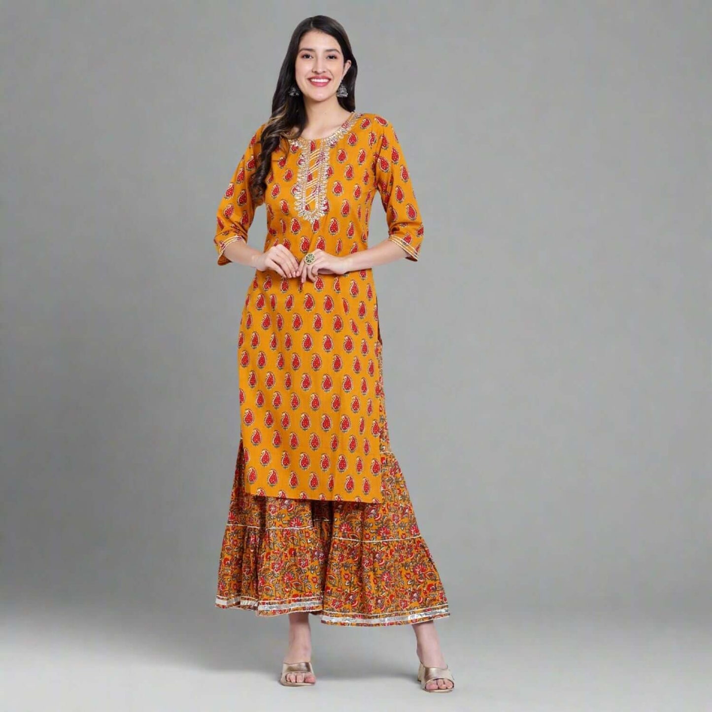 Mustard Cotton Printed Sharara Suit Set