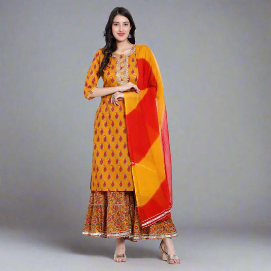 Mustard Cotton Printed Sharara Suit Set