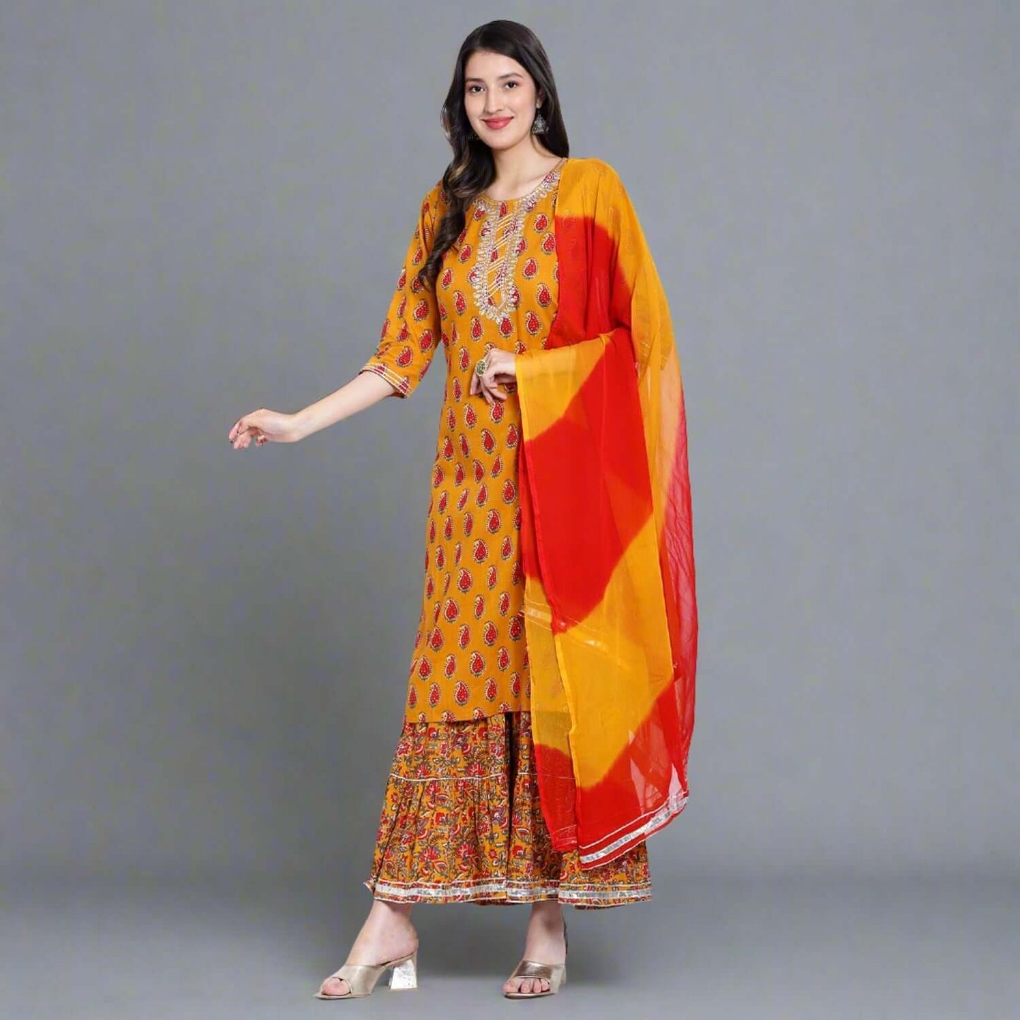 Mustard Cotton Printed Sharara Suit Set