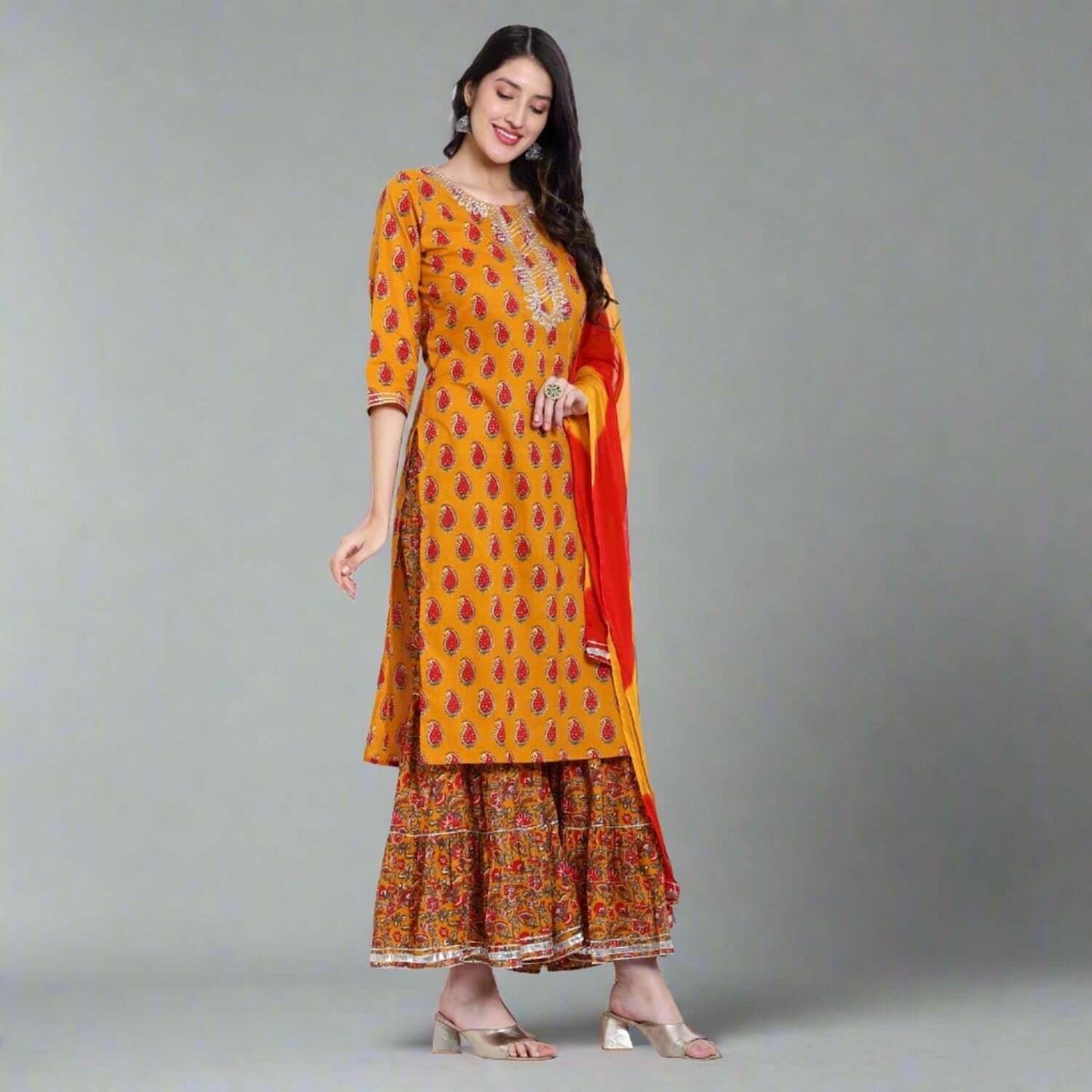 Mustard Cotton Printed Sharara Suit Set