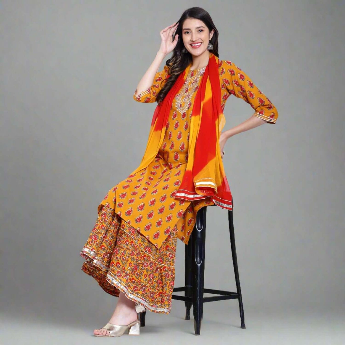 Mustard Cotton Printed Sharara Suit Set