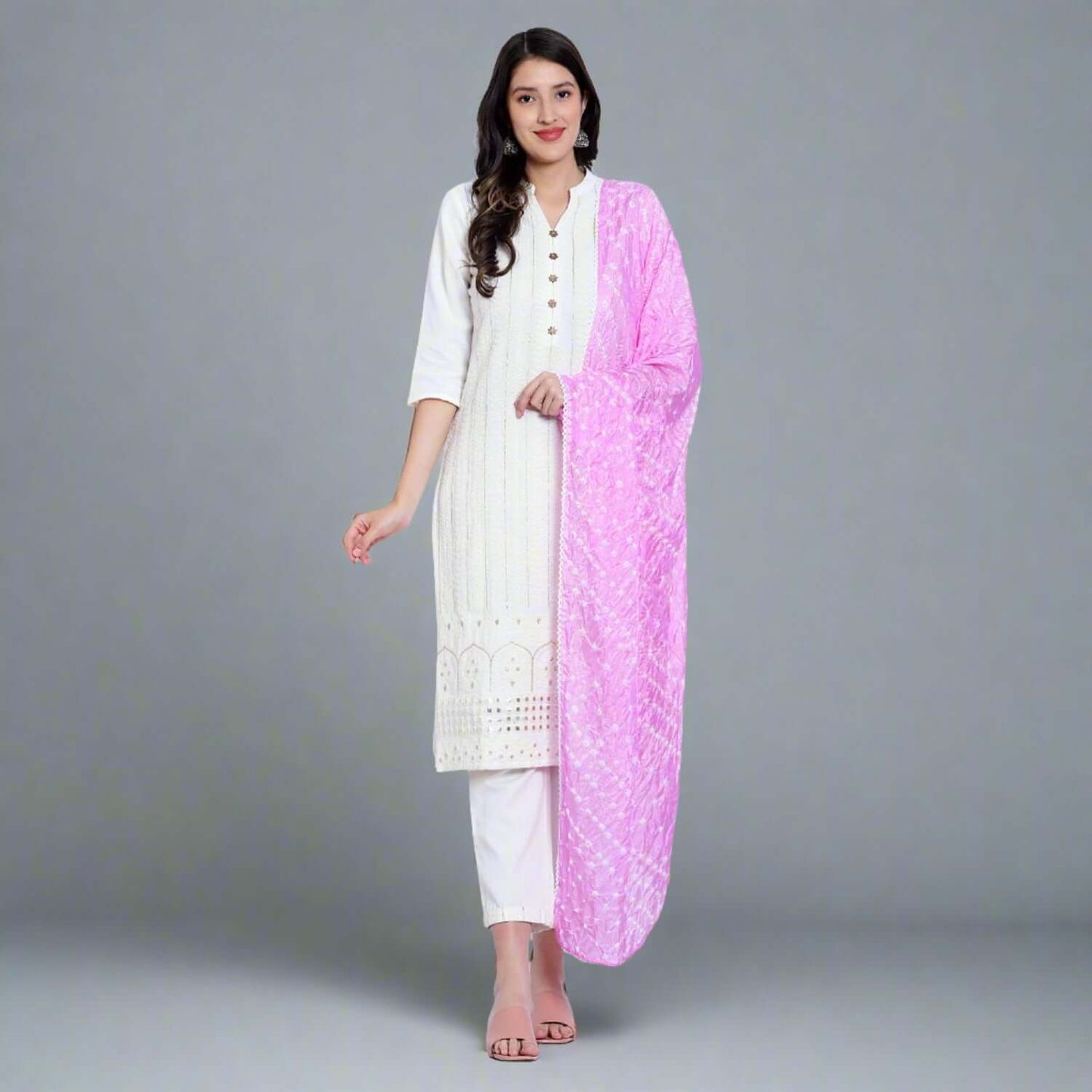 Milky White Cotton Suit With Bandhani Dupatta