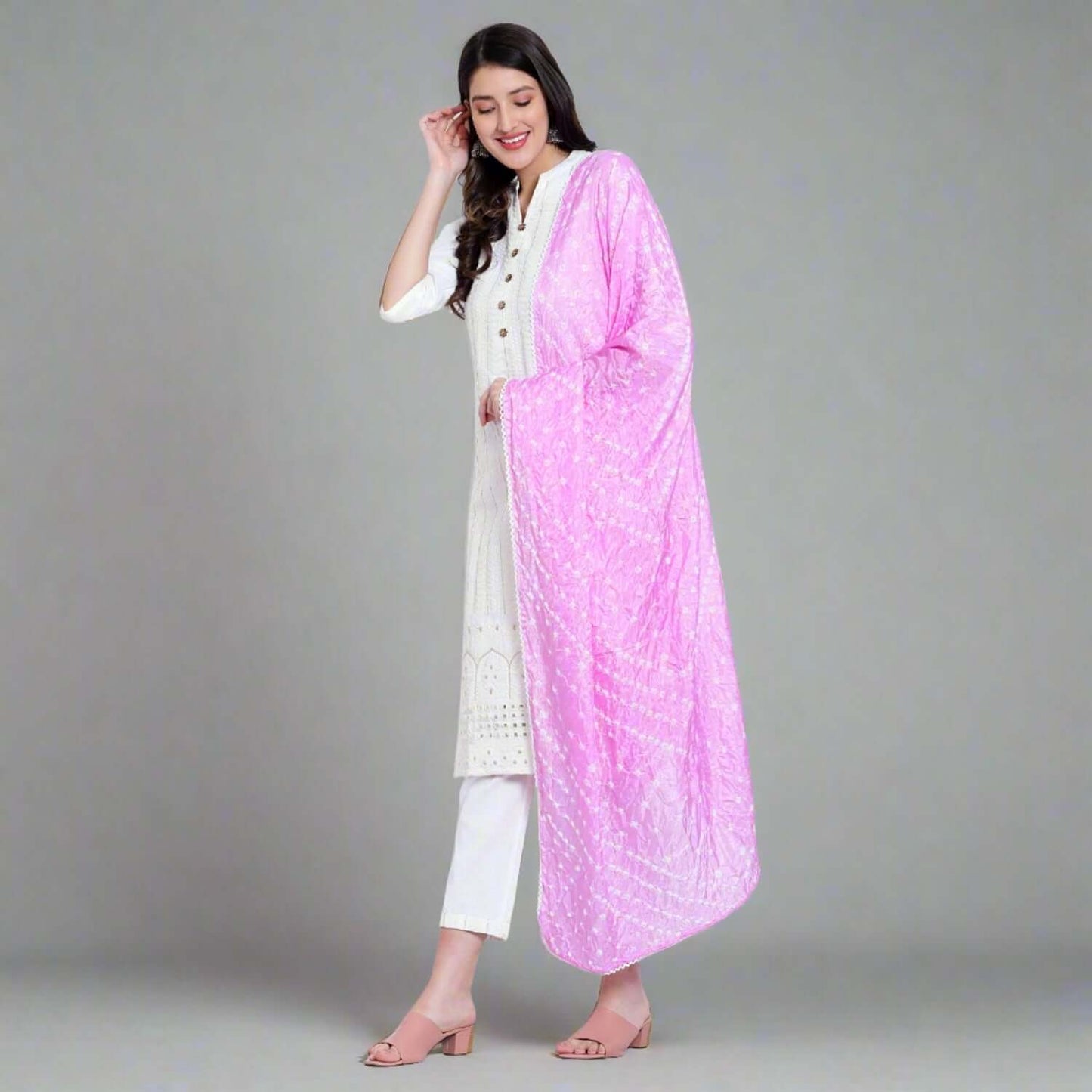 Milky White Cotton Suit With Bandhani Dupatta