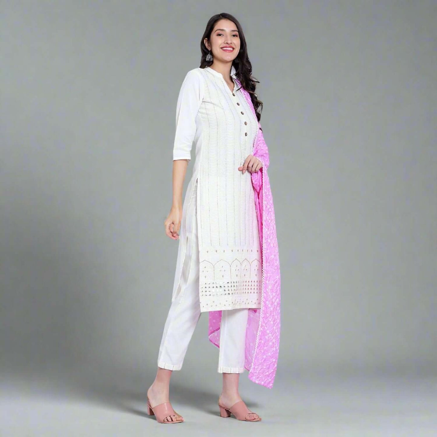 Milky White Cotton Suit With Bandhani Dupatta