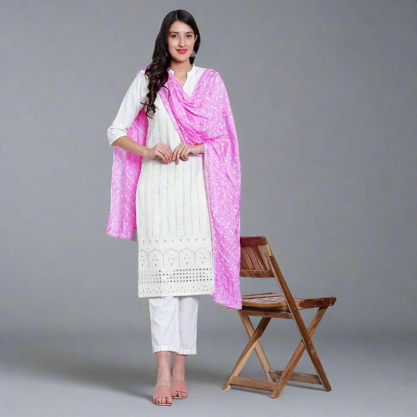 Milky White Cotton Suit With Bandhani Dupatta