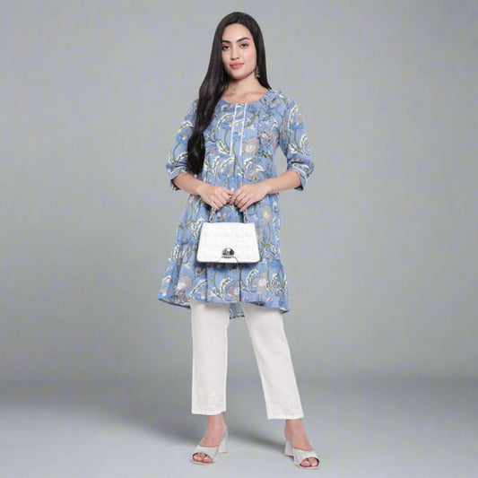 Sky Blue Cotton Printed Kurta Pant Set