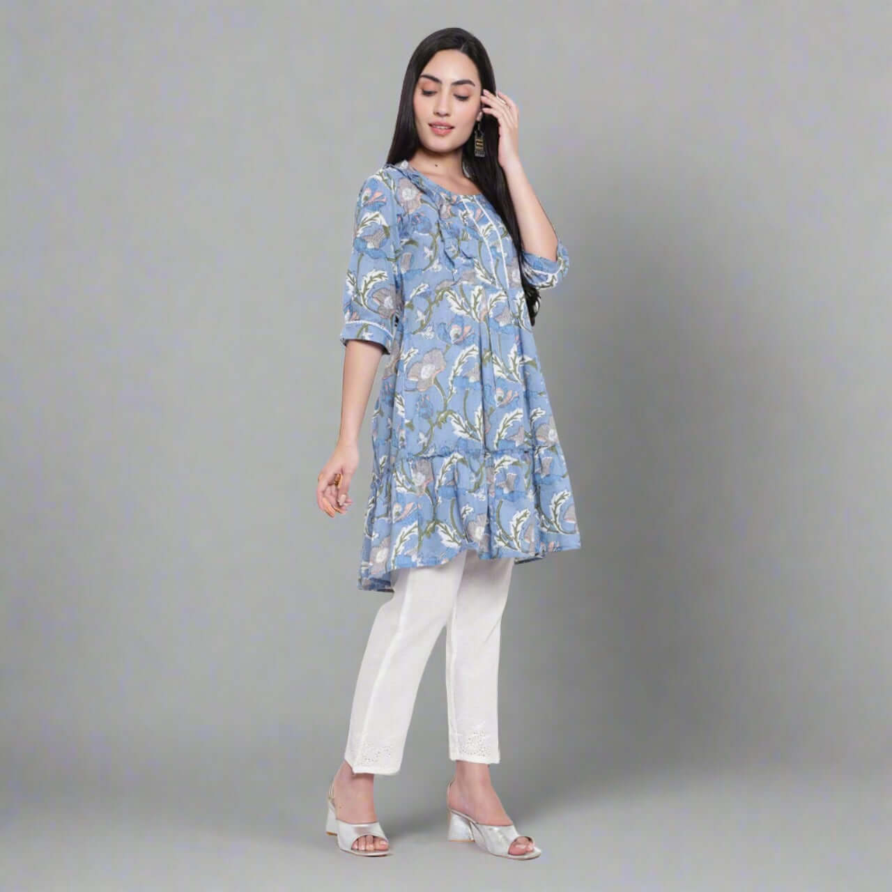 Sky Blue Cotton Printed Kurta Pant Set