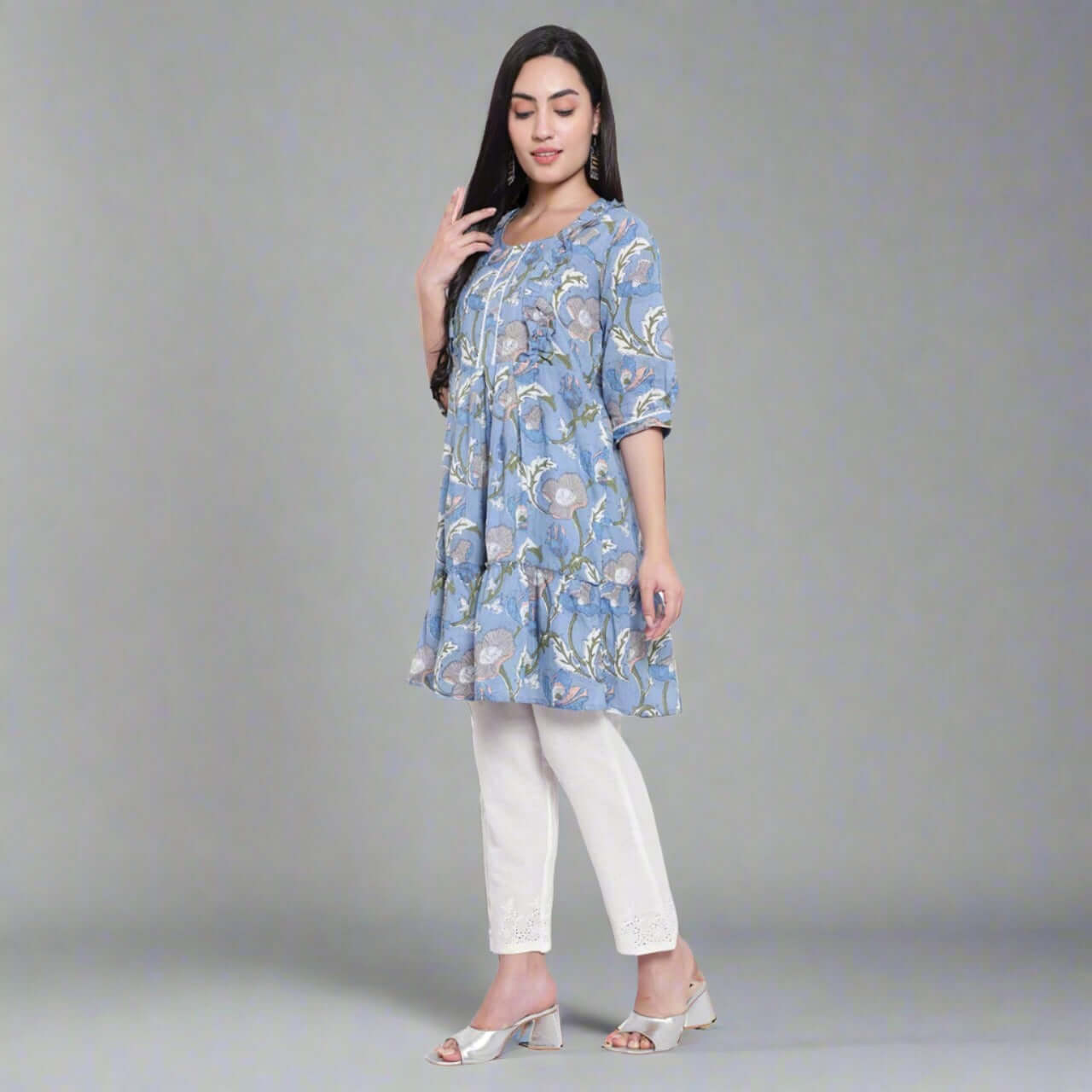 Sky Blue Cotton Printed Kurta Pant Set