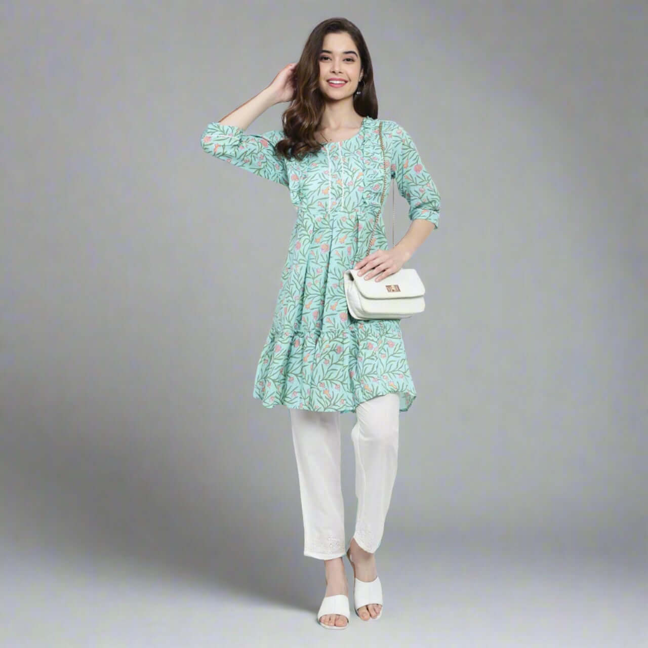 Sea Green Cotton Printed Kurta Pant Set