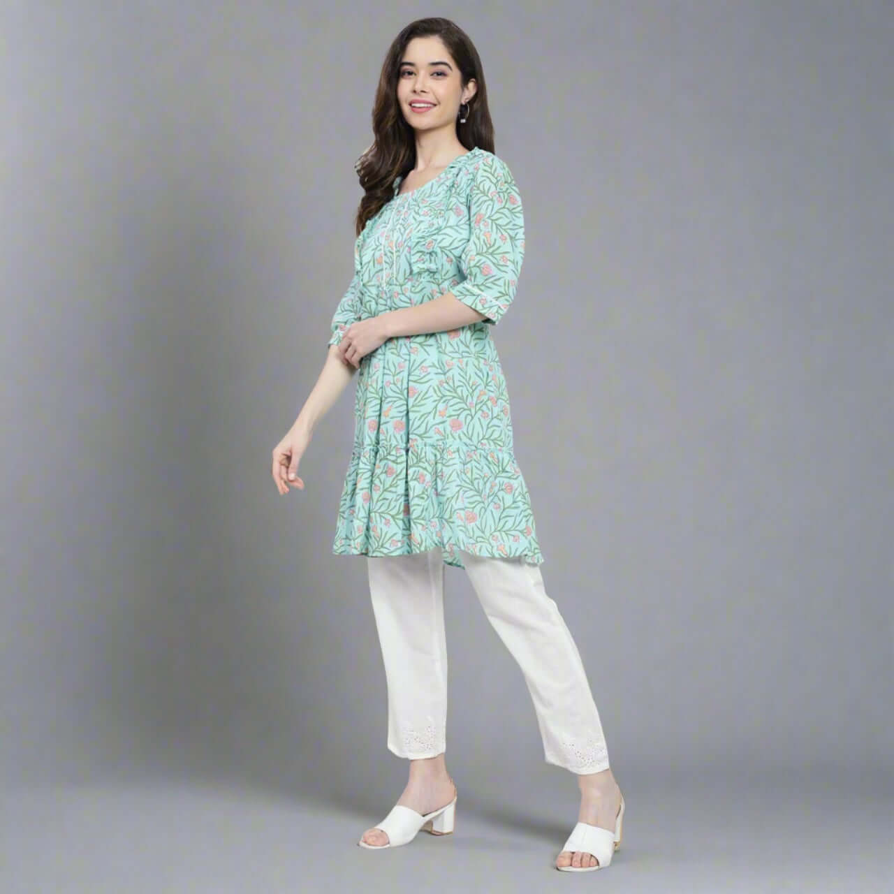 Sea Green Cotton Printed Kurta Pant Set