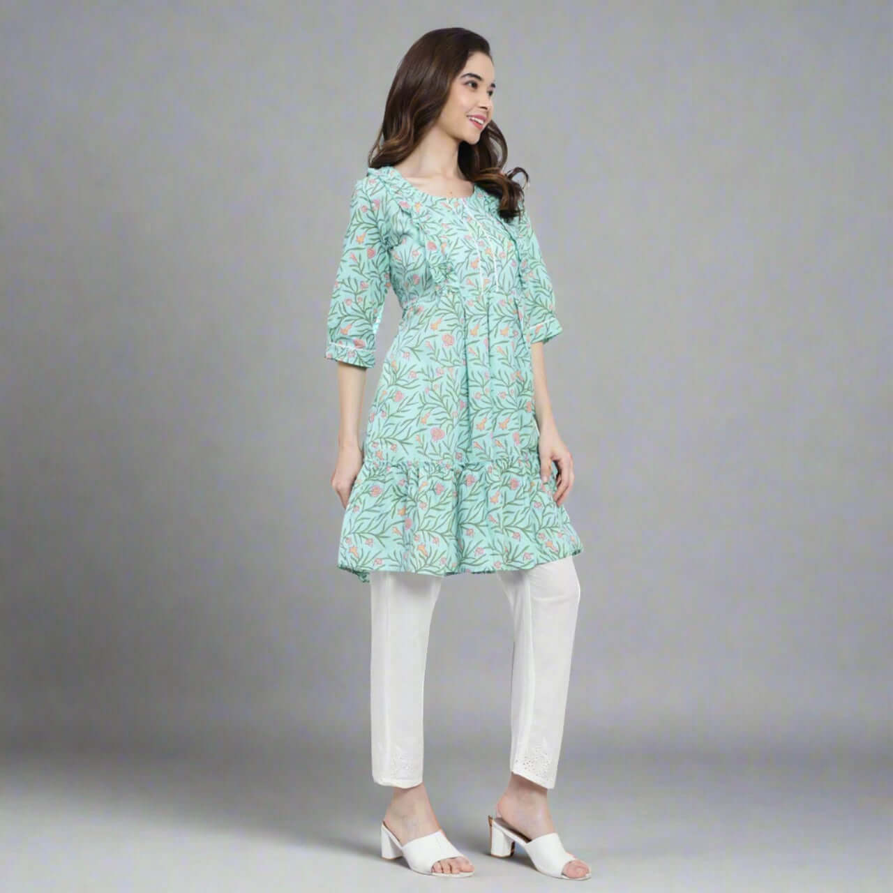 Sea Green Cotton Printed Kurta Pant Set