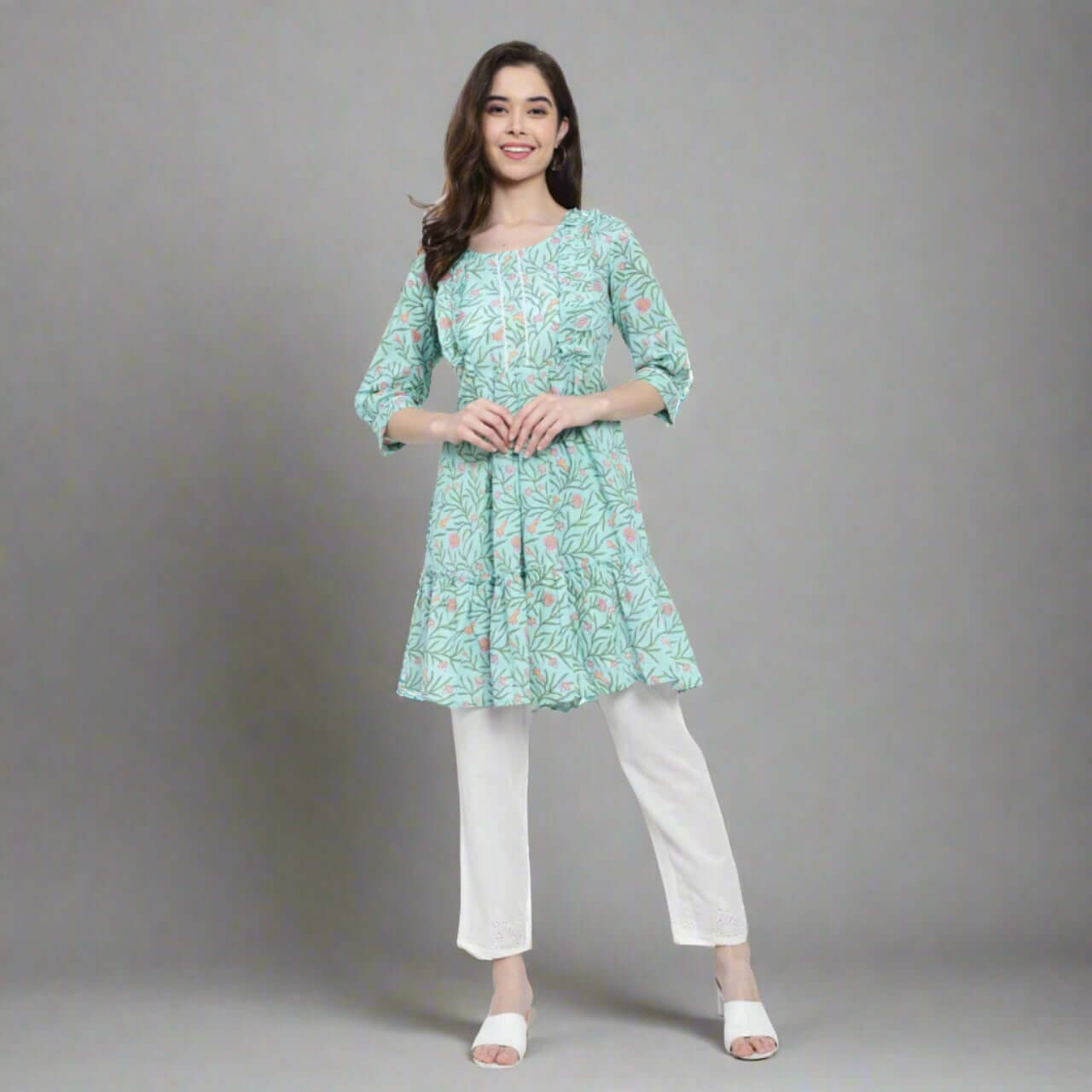 Sea Green Cotton Printed Kurta Pant Set