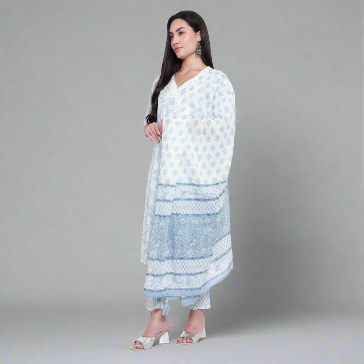 Sky Blue Cotton Printed Suit Set