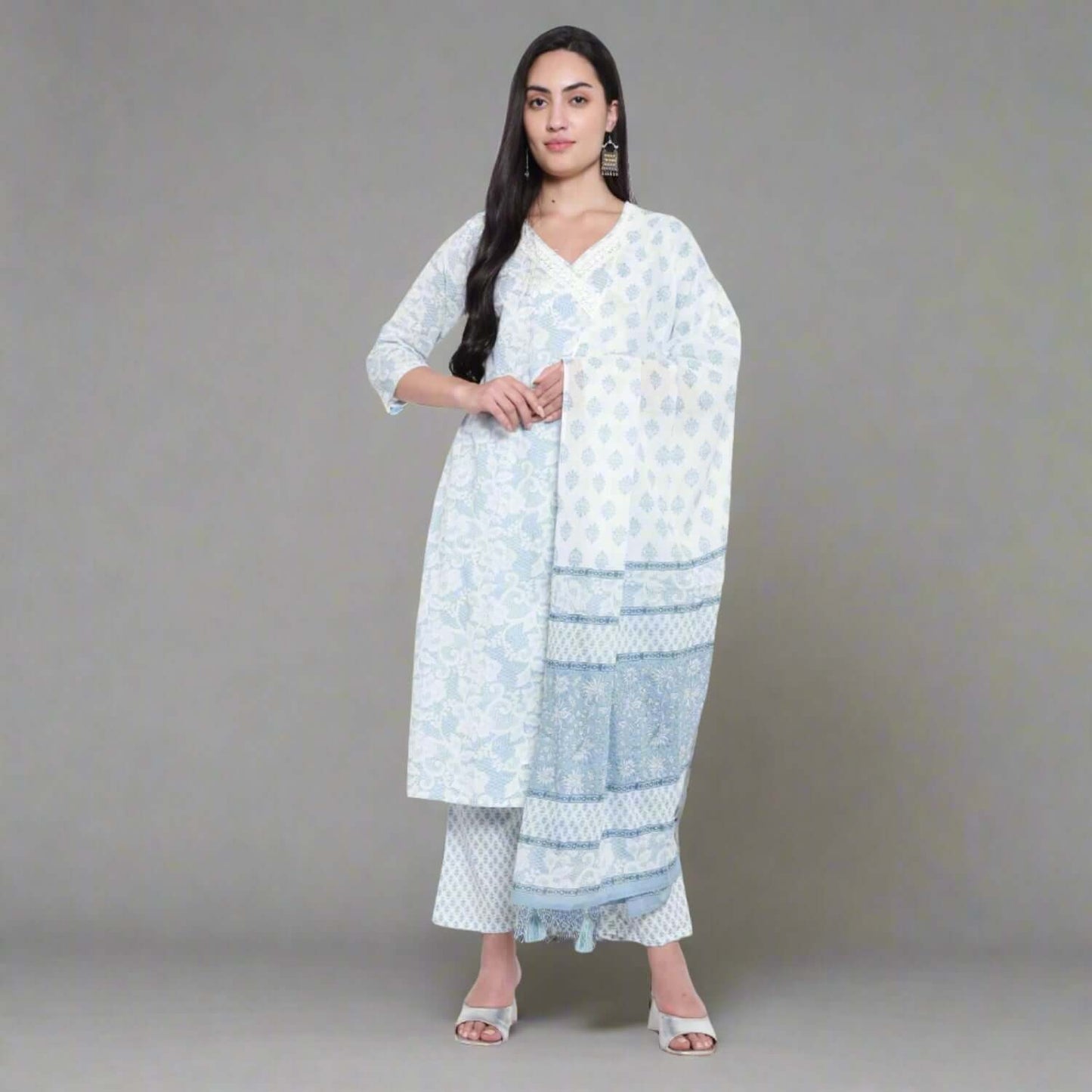 Sky Blue Cotton Printed Suit Set