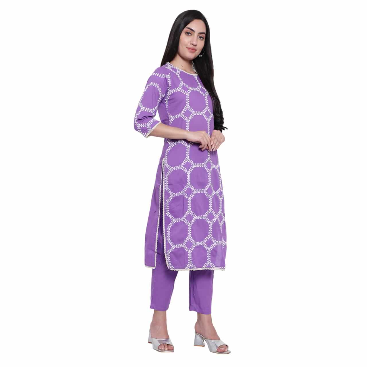 Lilac Cotton Embroidered Kurta With Pant