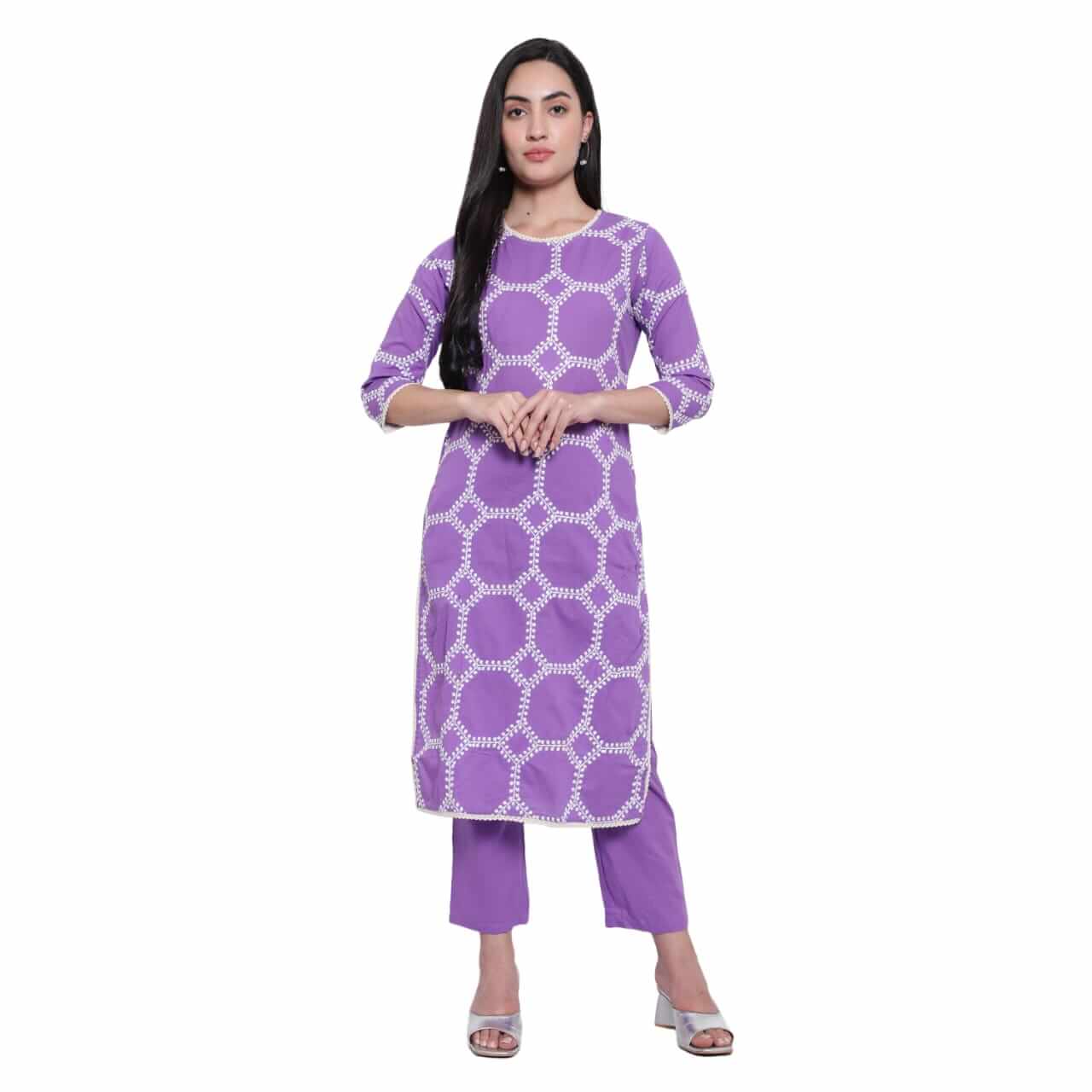 Lilac Cotton Embroidered Kurta With Pant