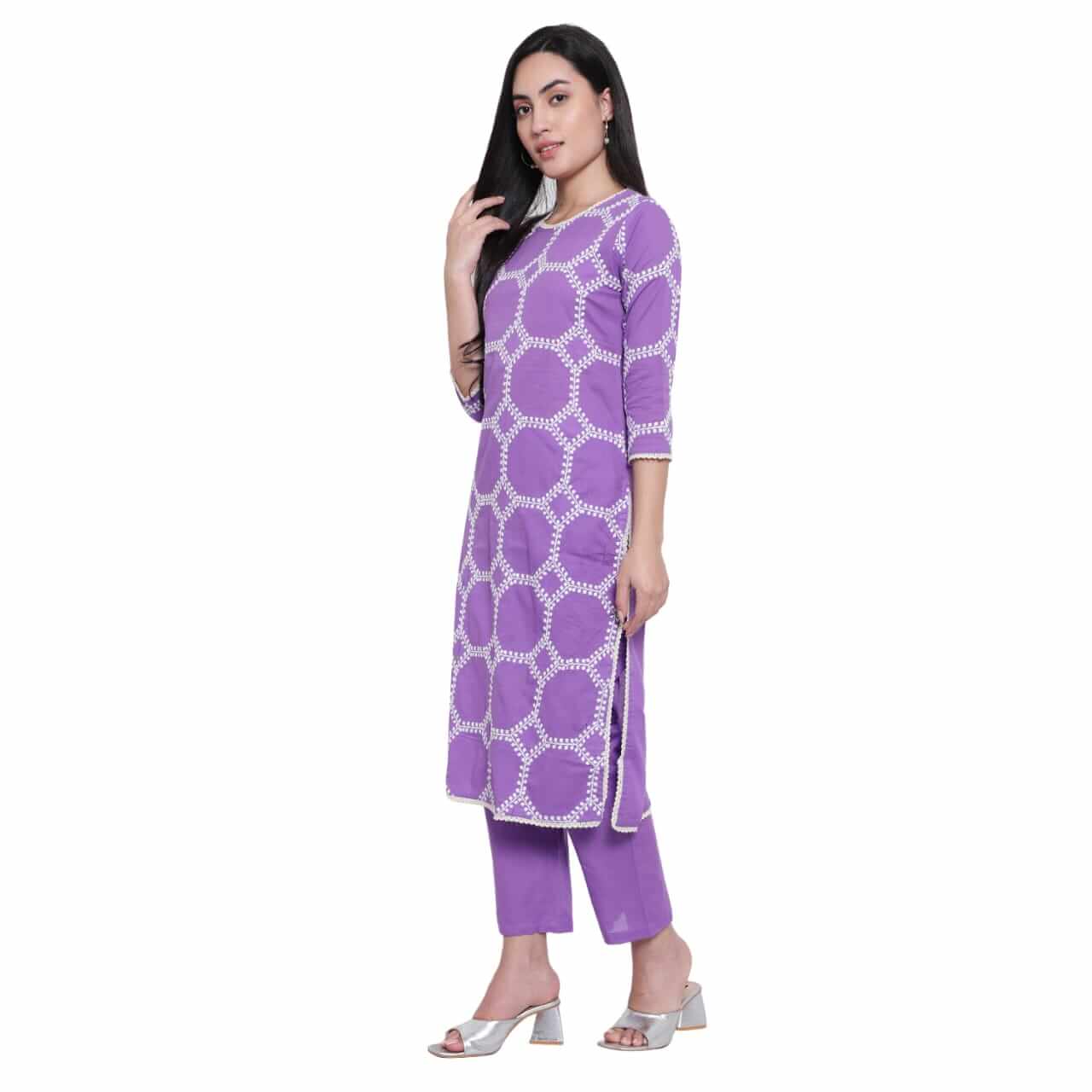 Lilac Cotton Embroidered Kurta With Pant