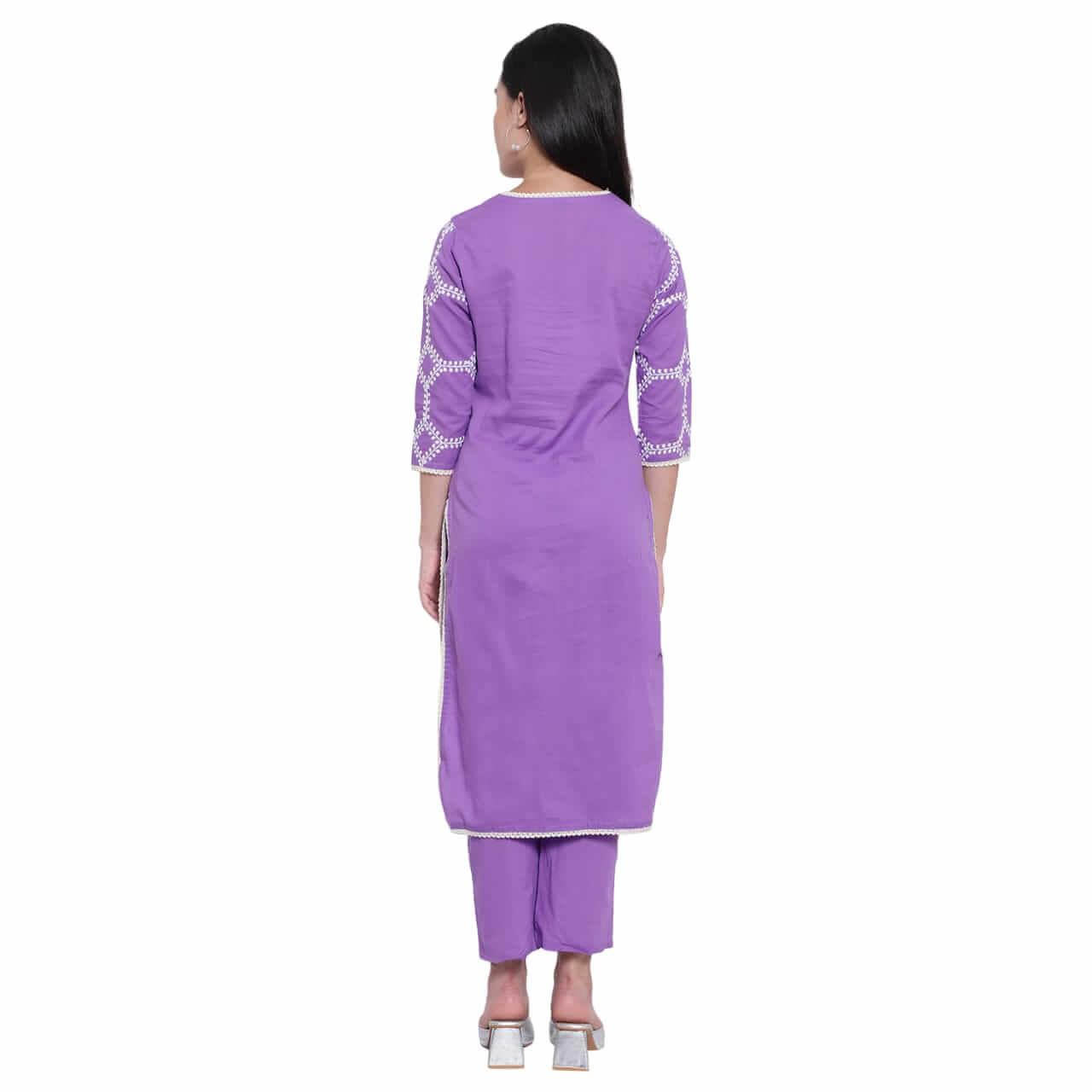 Lilac Cotton Embroidered Kurta With Pant