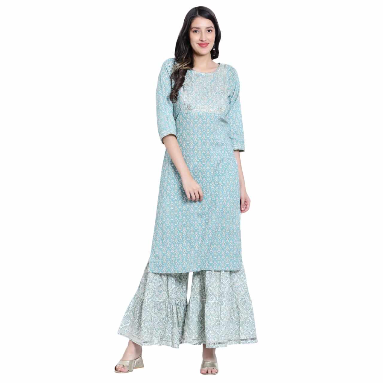 Aqua Cotton Printed Sharara Set - LABEL OSS