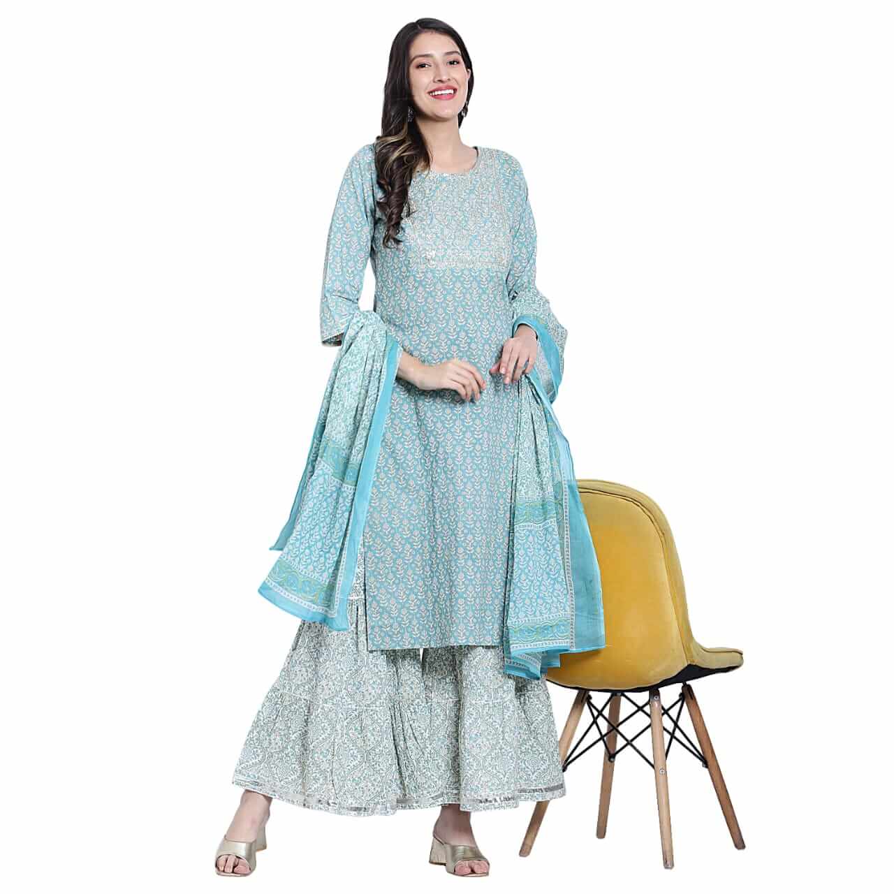 Aqua Cotton Printed Sharara Set - LABEL OSS