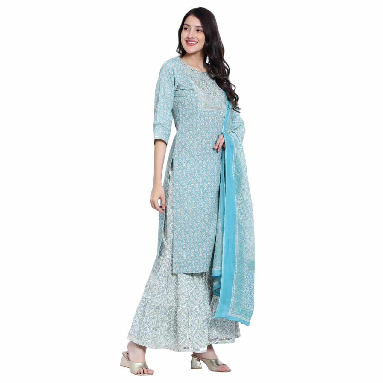 Aqua Cotton Printed Sharara Set - LABEL OSS