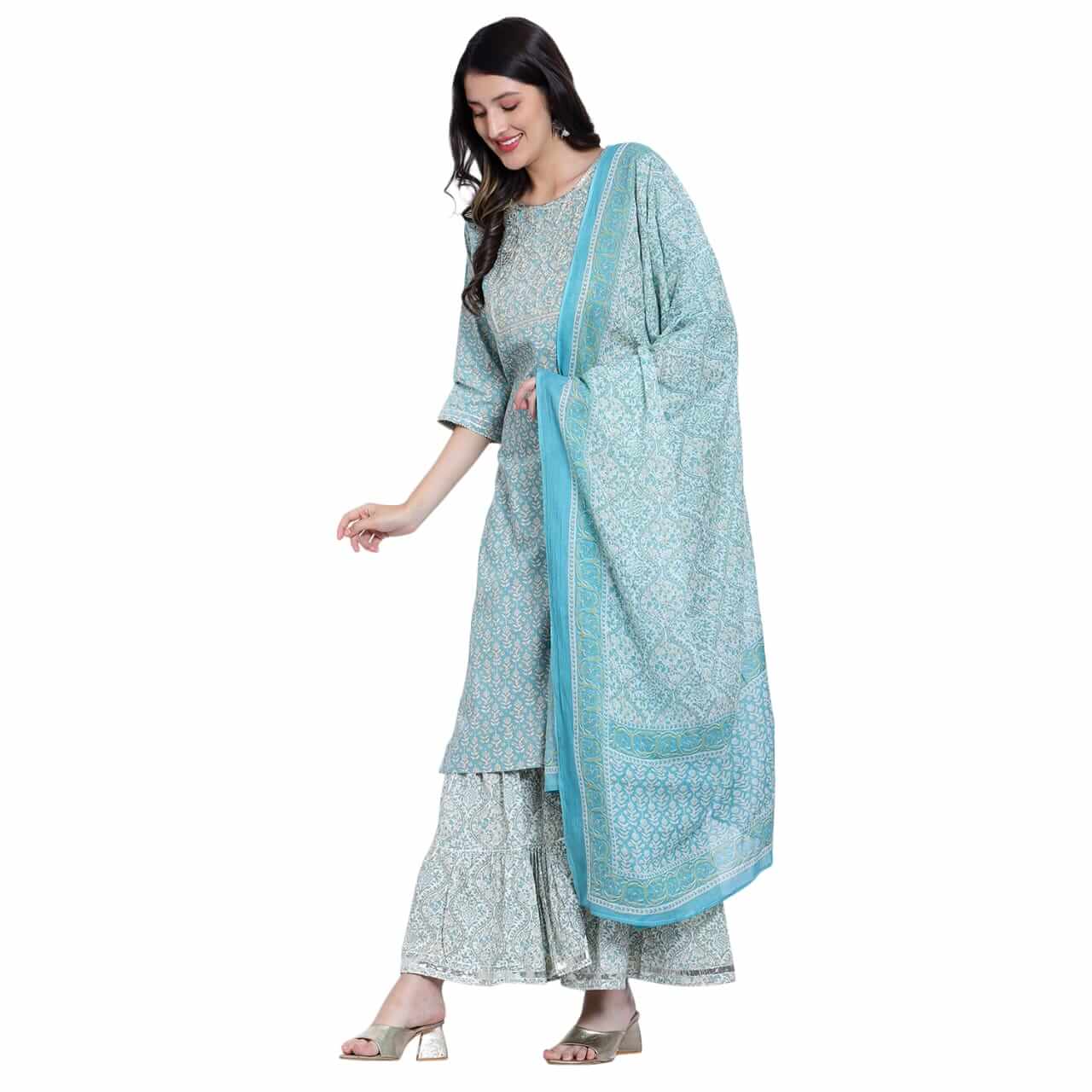 Aqua Cotton Printed Sharara Set - LABEL OSS