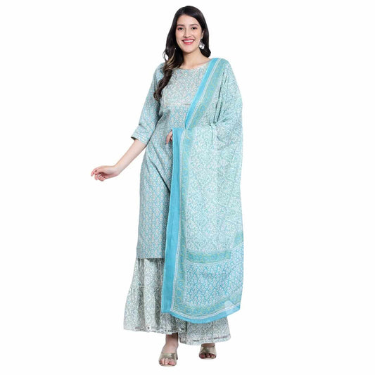 Aqua Cotton Printed Sharara Set - LABEL OSS