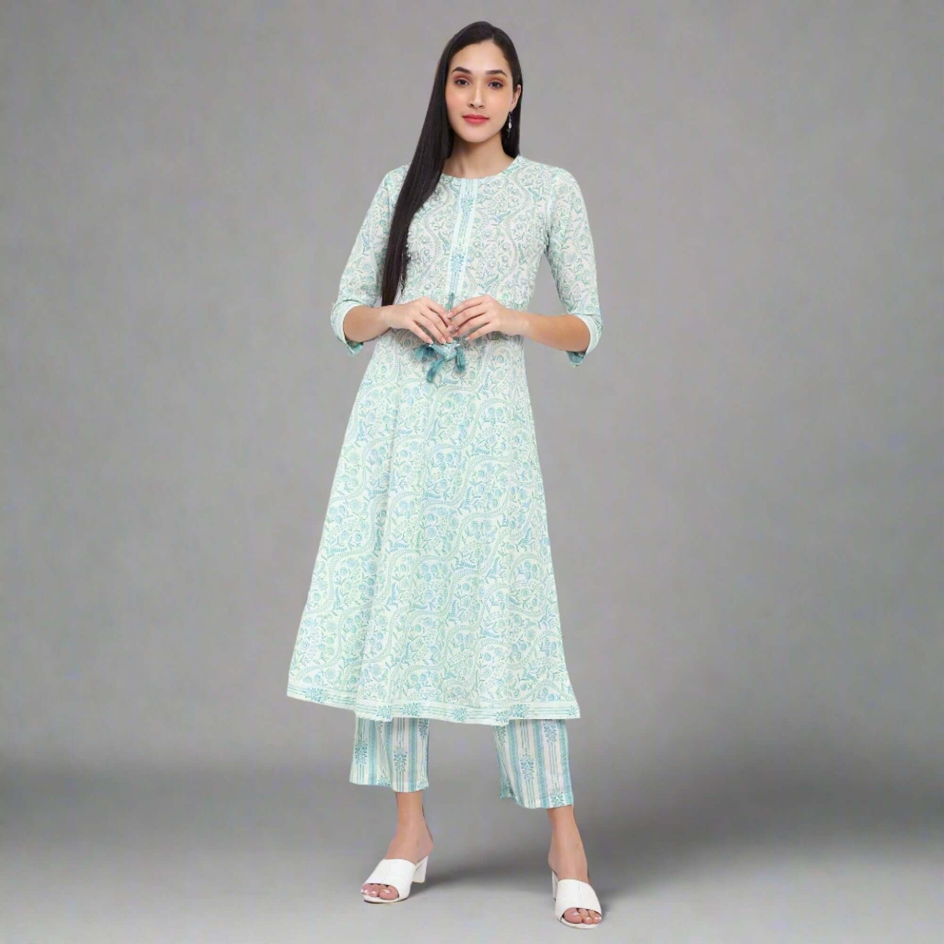 Aqua Green Cotton Anarkali Suit - LABEL OSS