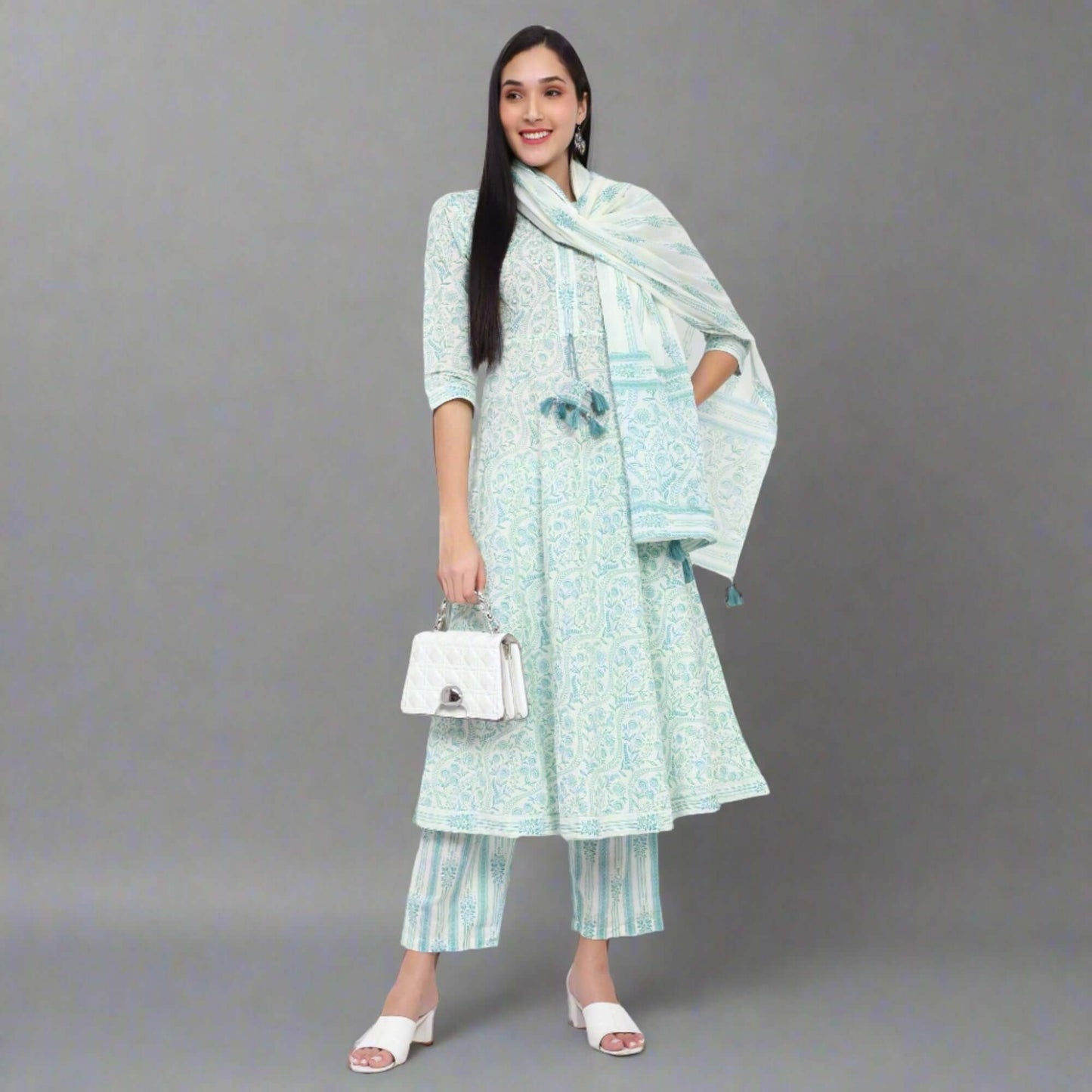 Aqua Green Cotton Anarkali Suit - LABEL OSS