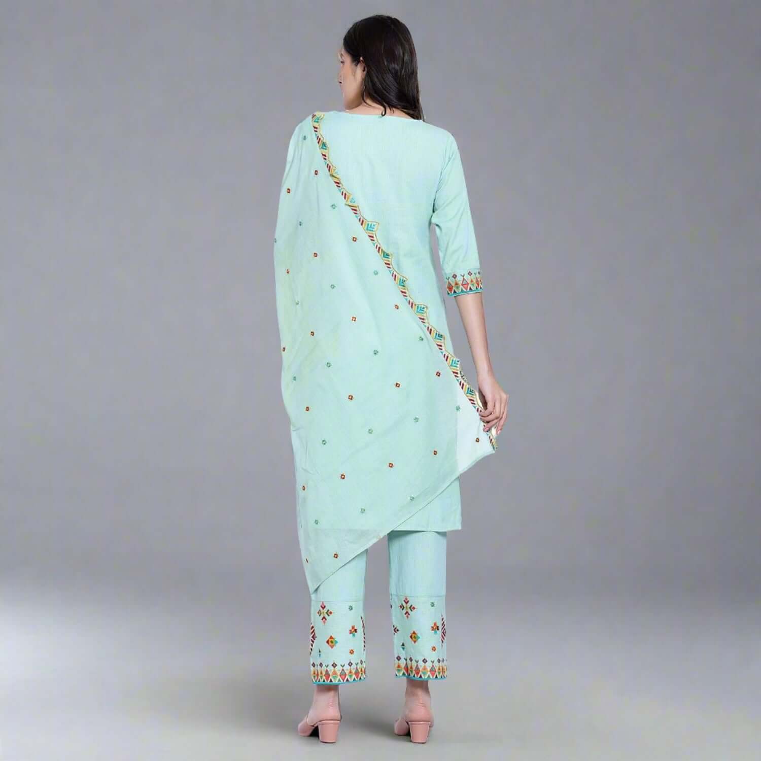 Aquamarine Cotton Embroidered Suit Set - LABEL OSS