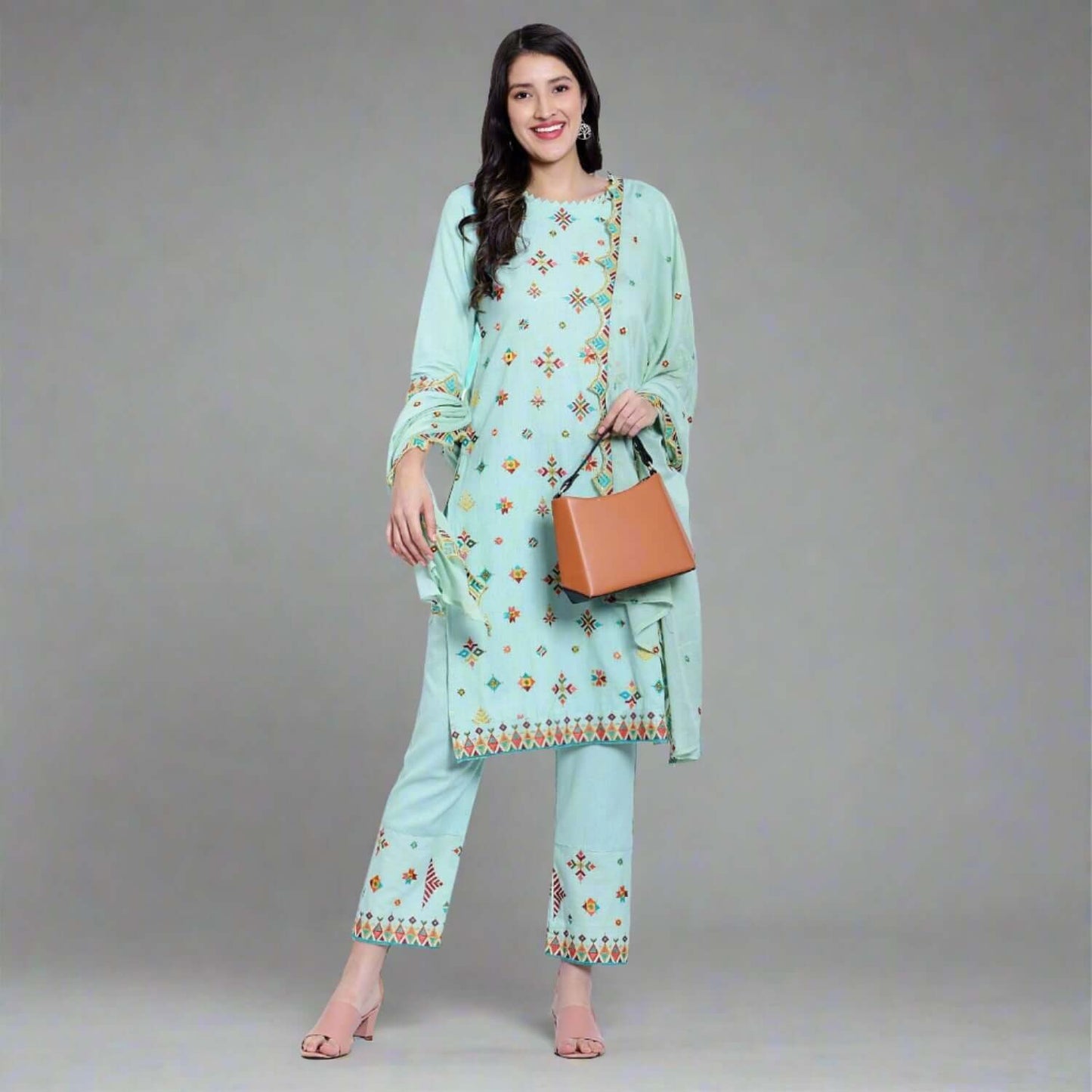 Aquamarine Cotton Embroidered Suit Set - LABEL OSS