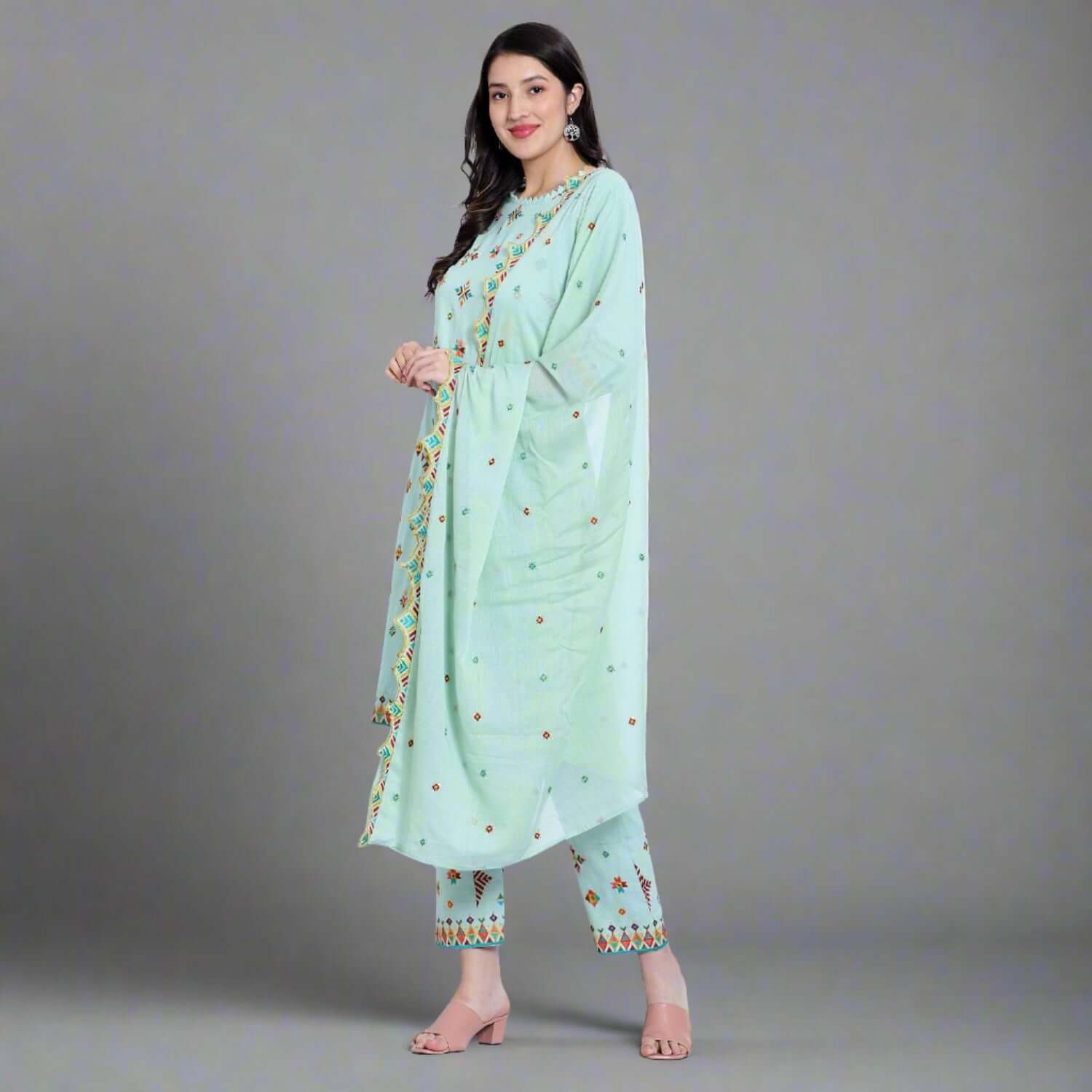 Aquamarine Cotton Embroidered Suit Set - LABEL OSS