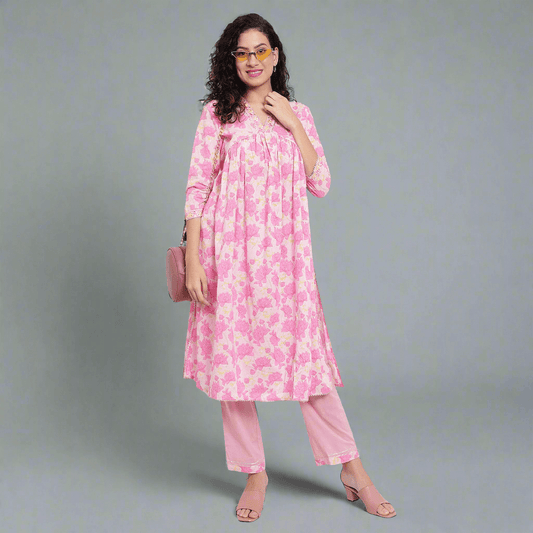 Light Pink Floral Printed Kurta and Pant Set