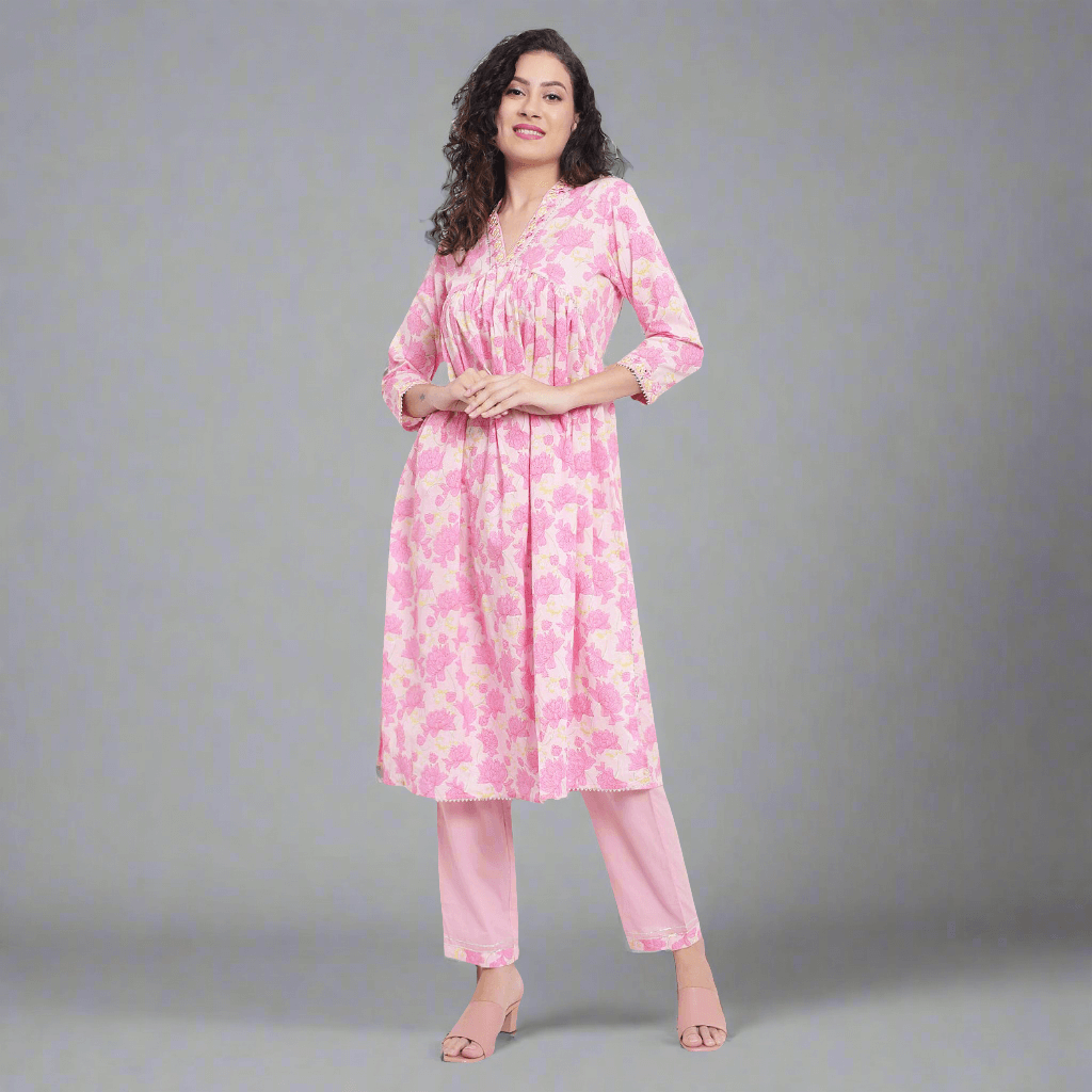 Light Pink Floral Printed Kurta and Pant Set