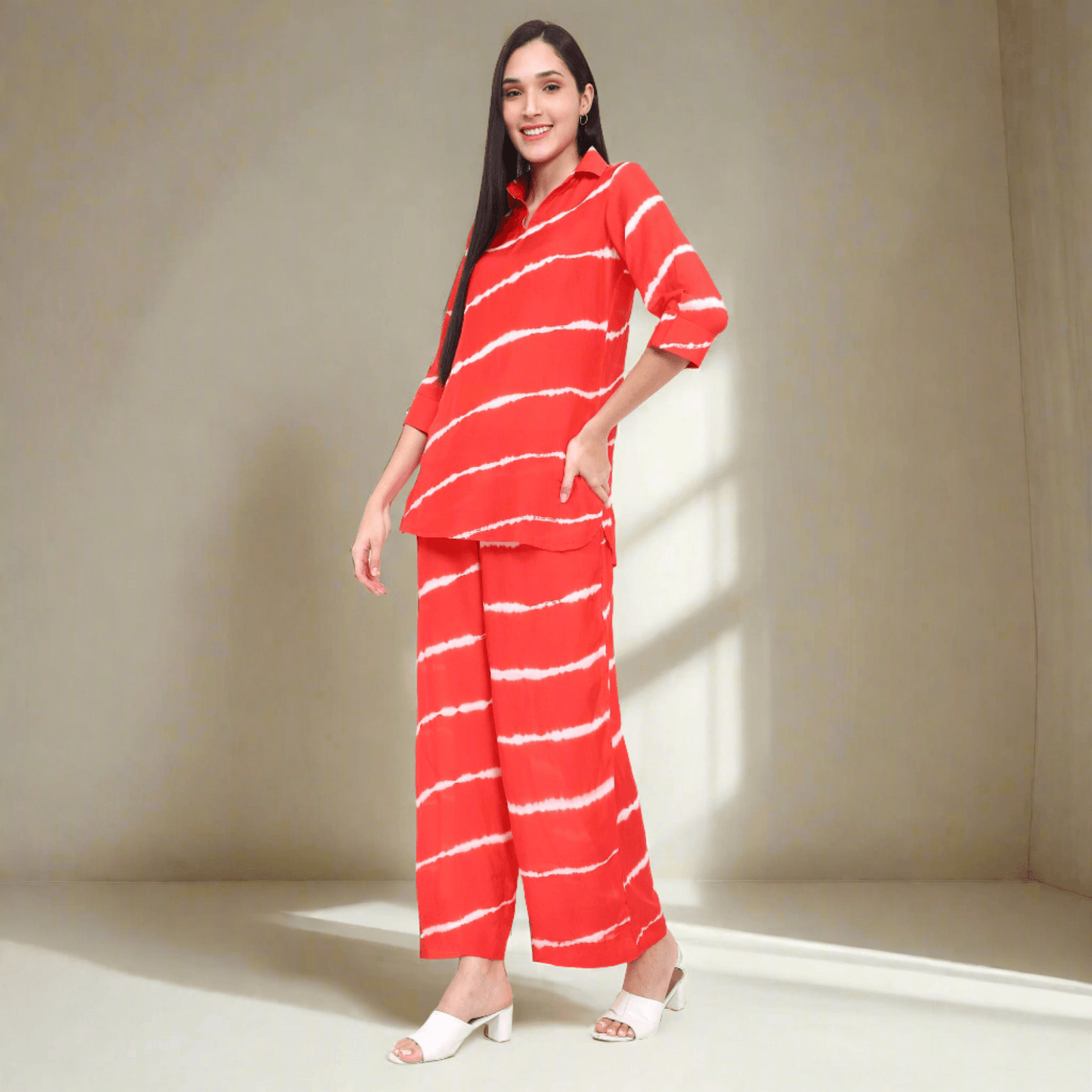 Coral Red Lehariya Muslin Co-ord Set