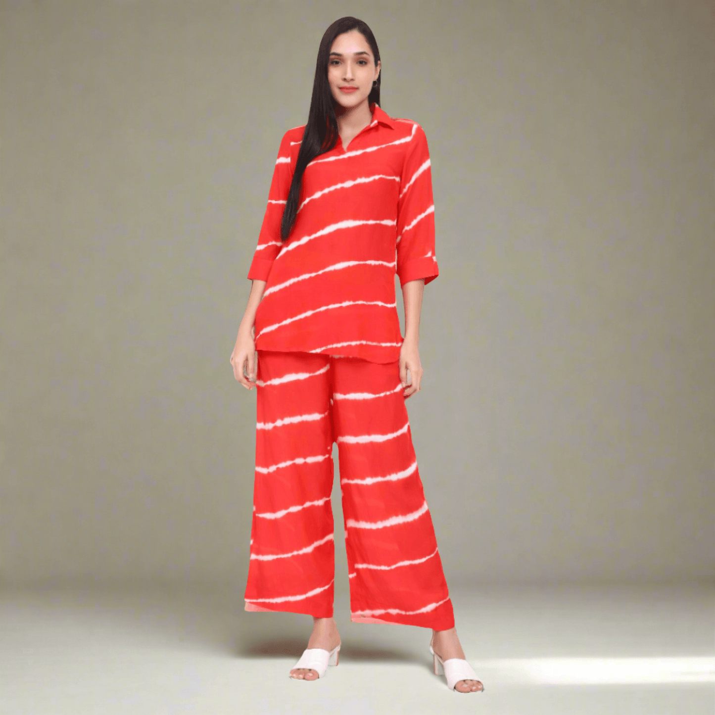 Coral Red Lehariya Muslin Co-ord Set