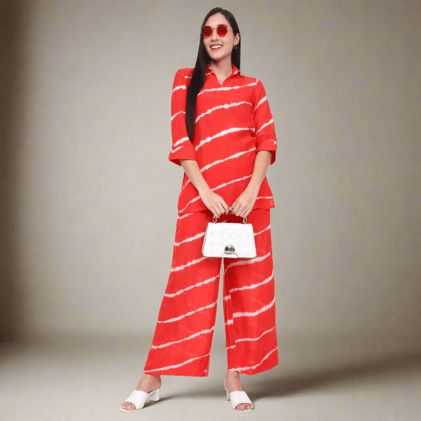 Coral Red Lehariya Muslin Co-ord Set