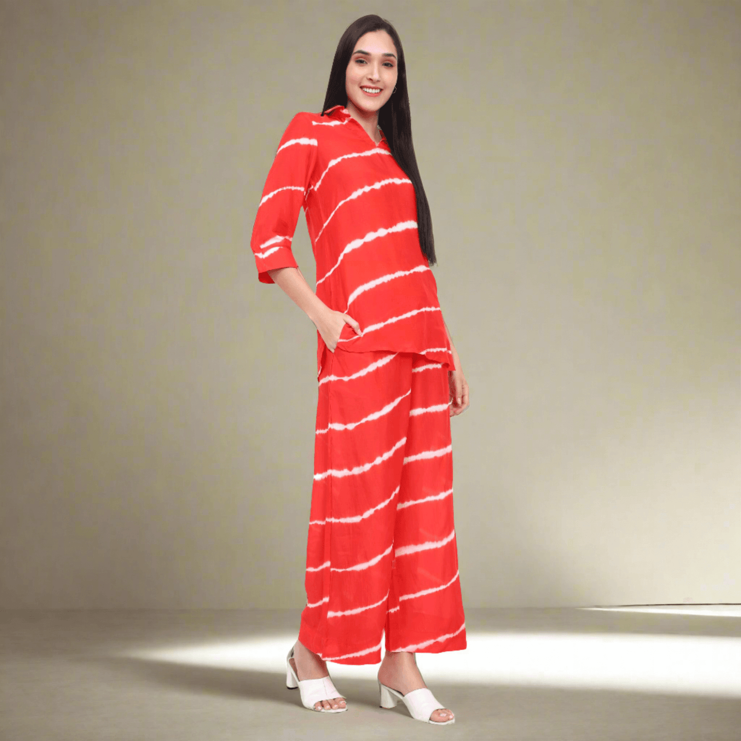 Coral Red Lehariya Muslin Co-ord Set