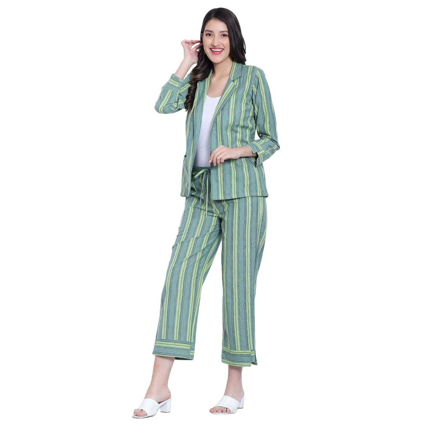 Green Striped Cotton Co-ord Set - LABEL OSS