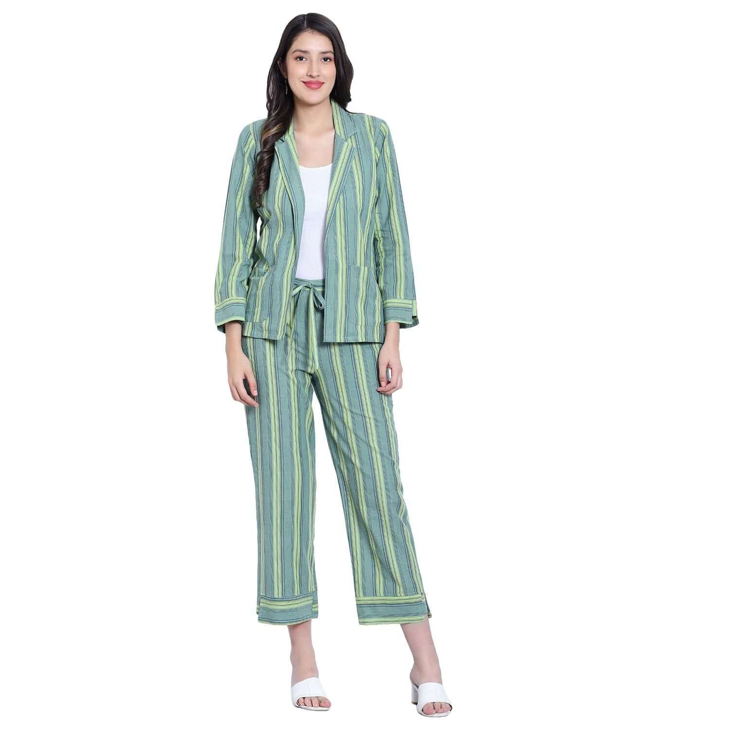 Green Striped Cotton Co-ord Set - LABEL OSS